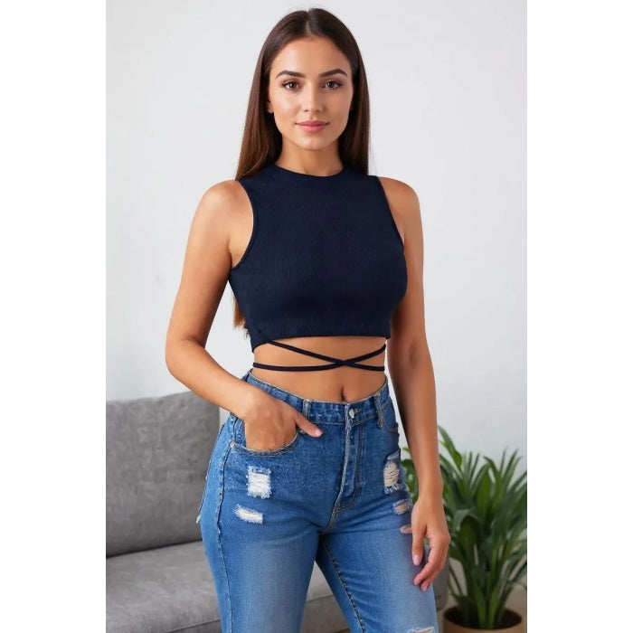 Kadın Lacivert Çapraz Bağlamalı Crop Top