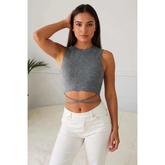 Kadın Gri Çapraz Bağlamalı Crop Top Büstiyer
