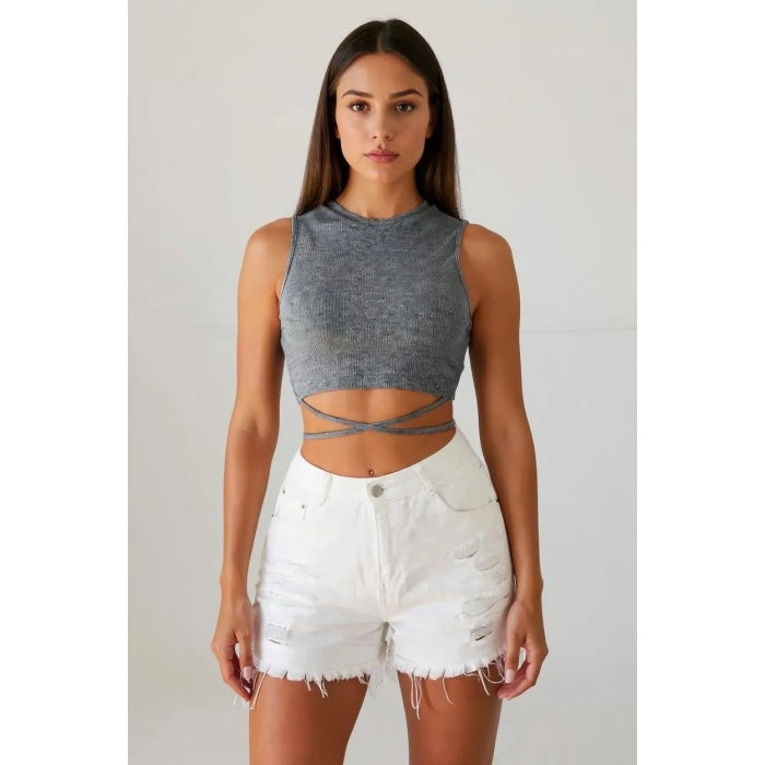 Kadın Gri Çapraz Bağlamalı Crop Top Büstiyer