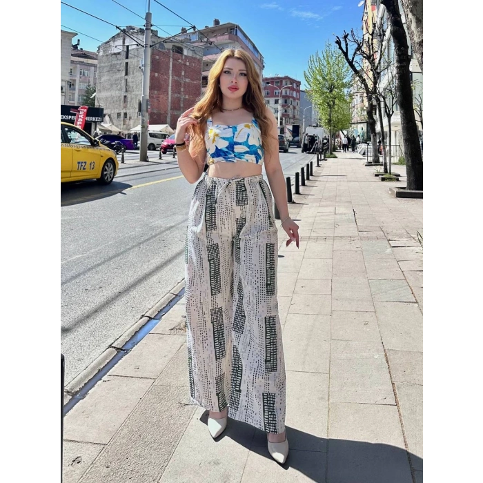 Baskılı Bağcıklı Keten Pantolon – Krem